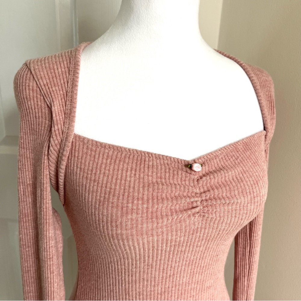 Pink Long Sleeve Floral Ribbed Mini Dress 90s Y2K Fairy Coquette Babydoll M - Picture 3 of 7